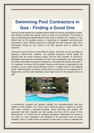 Swimming Pool Contractors in Goa - Finding a Good One
