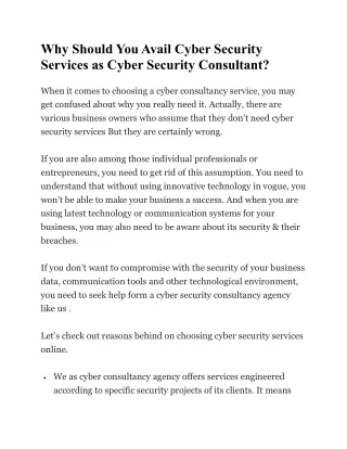 Why Should You Avail Cyber Security Services as Cyber Security Consultant