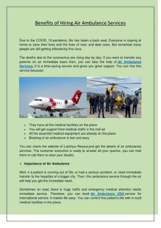 Benefits of Hiring Air Ambulance Services