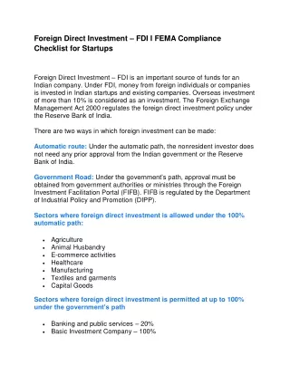 foreign direct investment fdi i fema compliance