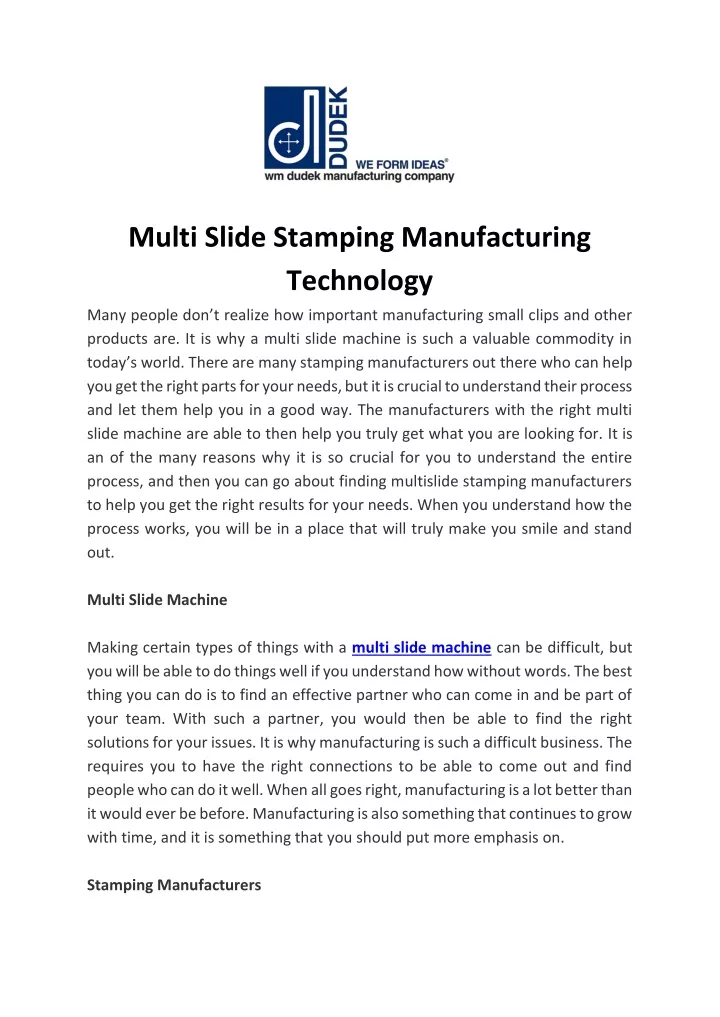 multi slide stamping manufacturing technology