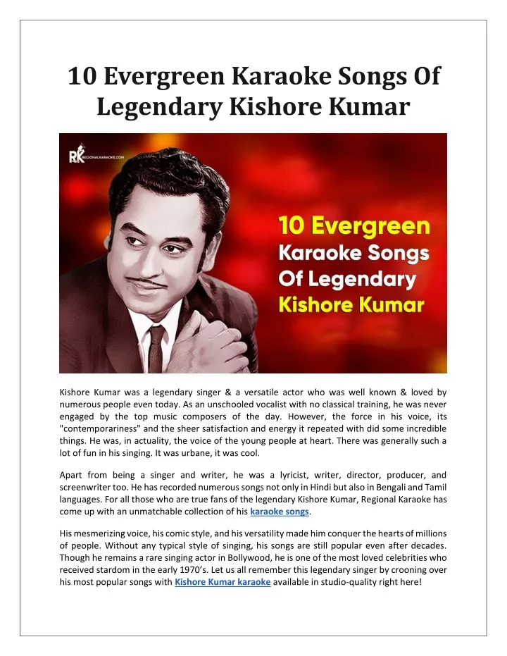 10 evergreen karaoke songs of legendary kishore