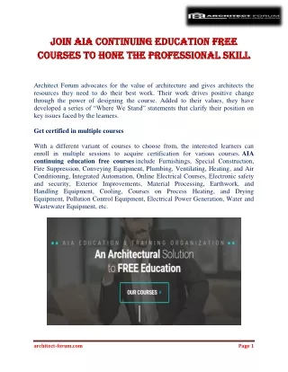 Join AIA Continuing education free courses to hone the professional skill