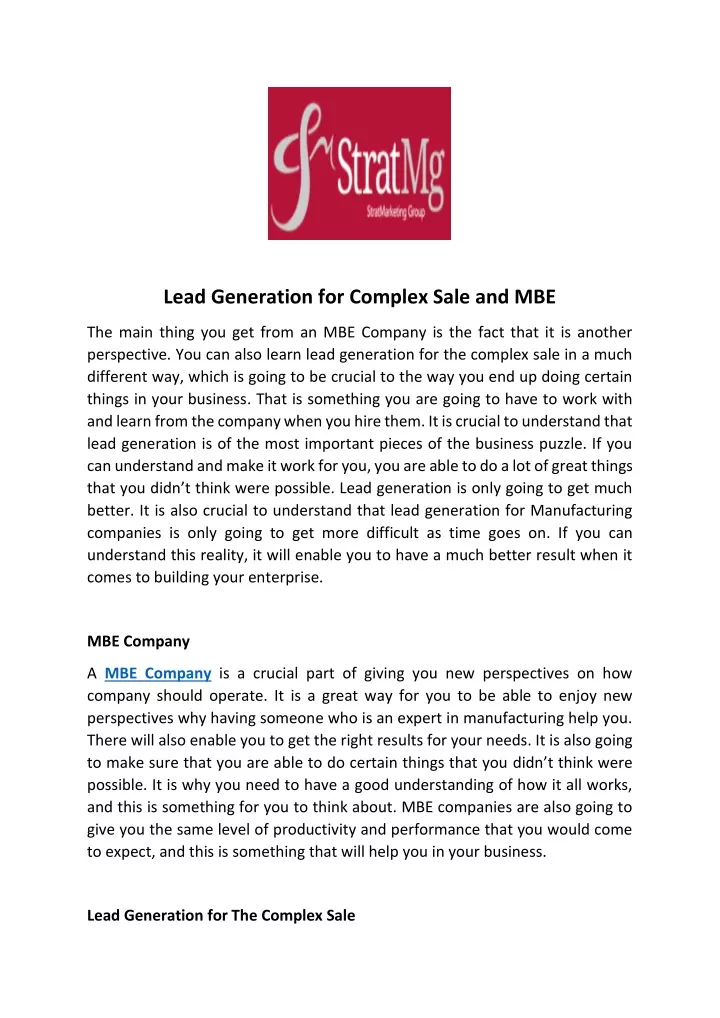 lead generation for complex sale and mbe