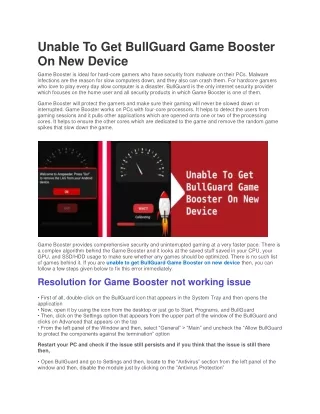 unable to get bullguard game booster on new device