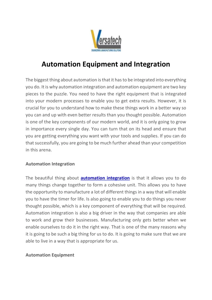 automation equipment and integration