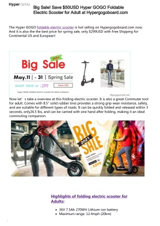 Big Sale! Save $50USD Hyper GOGO Foldable Electric Scooter for Adult at Hypergogoboard.com