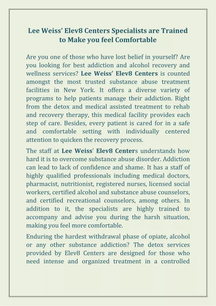 lee weiss elev8 centers specialists are trained