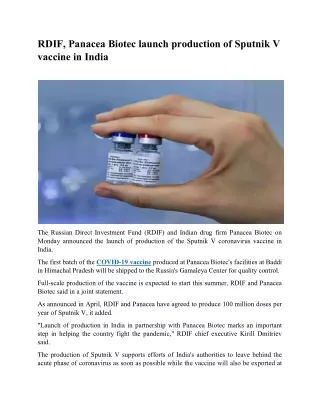 RDIF Panacea Biotec launch production of Sputnik V vaccine in India
