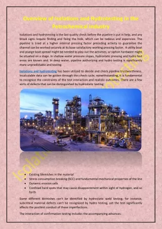 Overview of Isolations and Hydrotesting in the Petrochemical industry