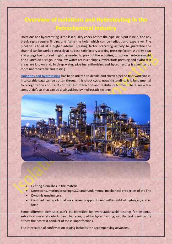 overview of isolations and hydrotesting