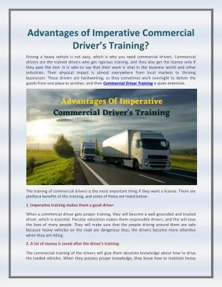 Advantages of Imperative Commercial Driver’s Training?