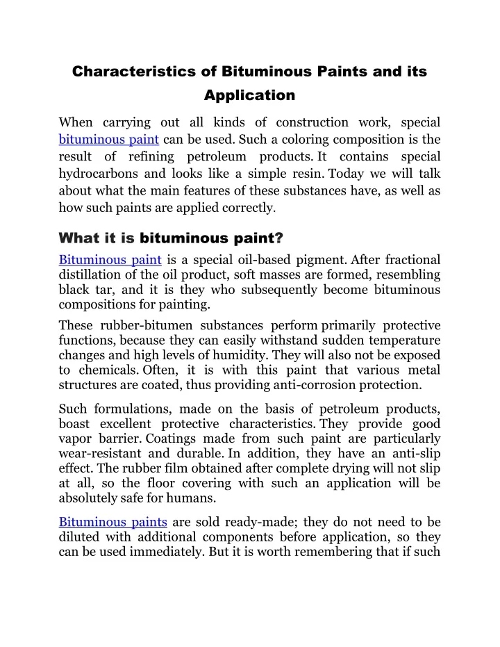 characteristics of bituminous paints