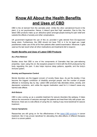 Know All About the Health Benefits and Uses of CBD