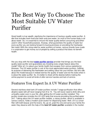 The Best Way To Choose The Most Suitable UV Water Purifier