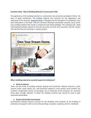 Role of Building Material in Construction Field | Sunshine Infraa Builders