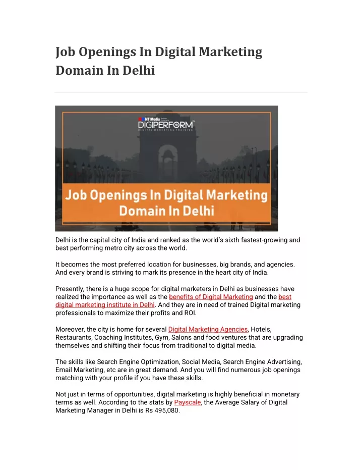 job openings in digital marketing domain in delhi