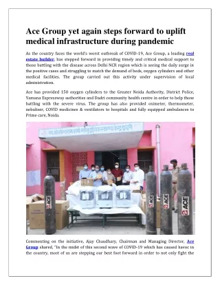 Ace Group yet again steps forward to uplift medical infrastructure during pandem