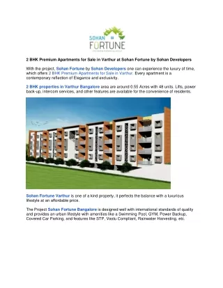 2BHK Premium Apartments for Sale in Varthur at Sohan Fortune by Sohan Developers