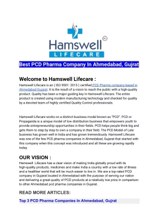 Best PCD Pharma Company In Ahmedabad hamswell