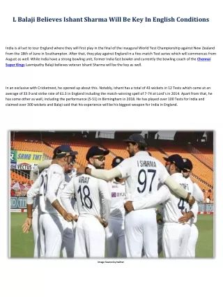l balaji believes ishant sharma will