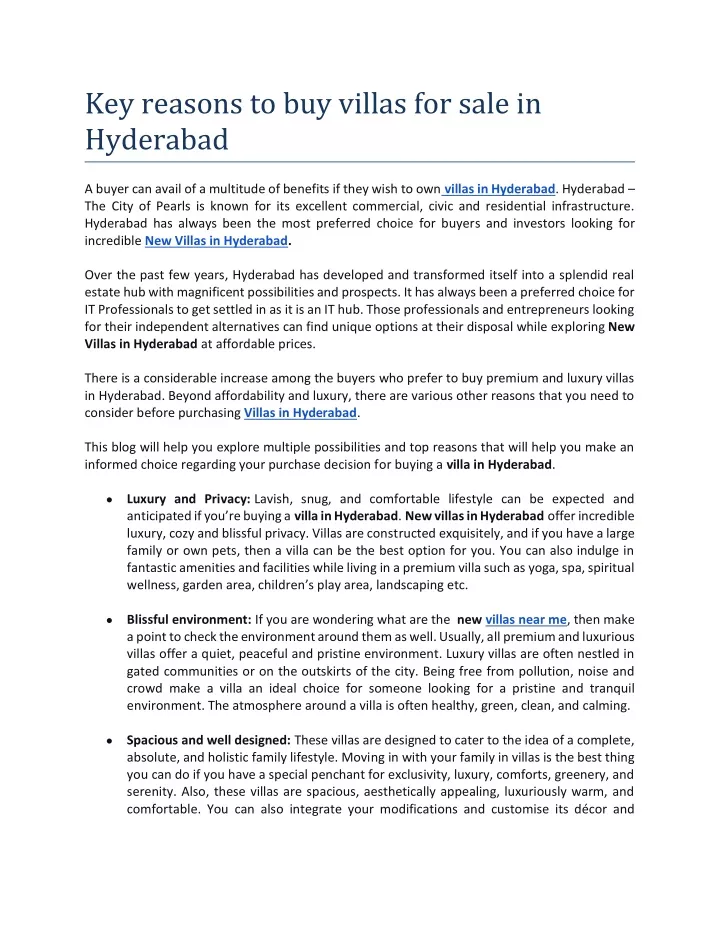key reasons to buy villas for sale in hyderabad