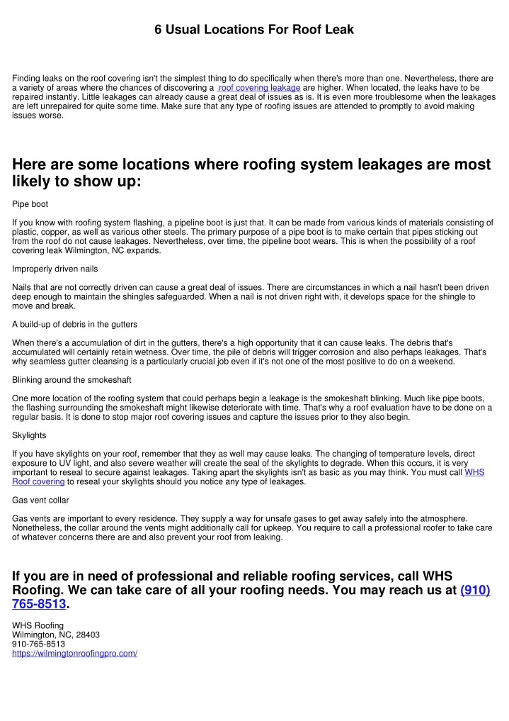 6 usual locations for roof leak