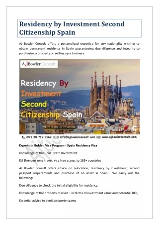 Residency By Investment  Second Citizenship Spain