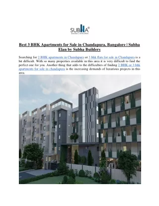 Best 3 BHK Apartments for Sale in Chandapura, Bangalore - Subha Elan by Subha Builders