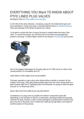 EVERYTHING YOU Want TO KNOW ABOUT PTFE LINED PLUG VALVES