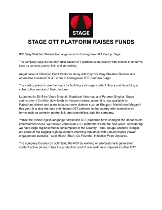 Stage OTT Platform Raises Funds | Stage