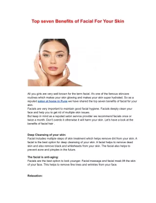 Top seven Benefits of Facial For Your Skin
