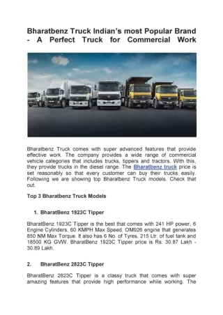 Bharatbenz Truck Indian’s most Popular Brand  - A Perfect Truck for Commercial Work