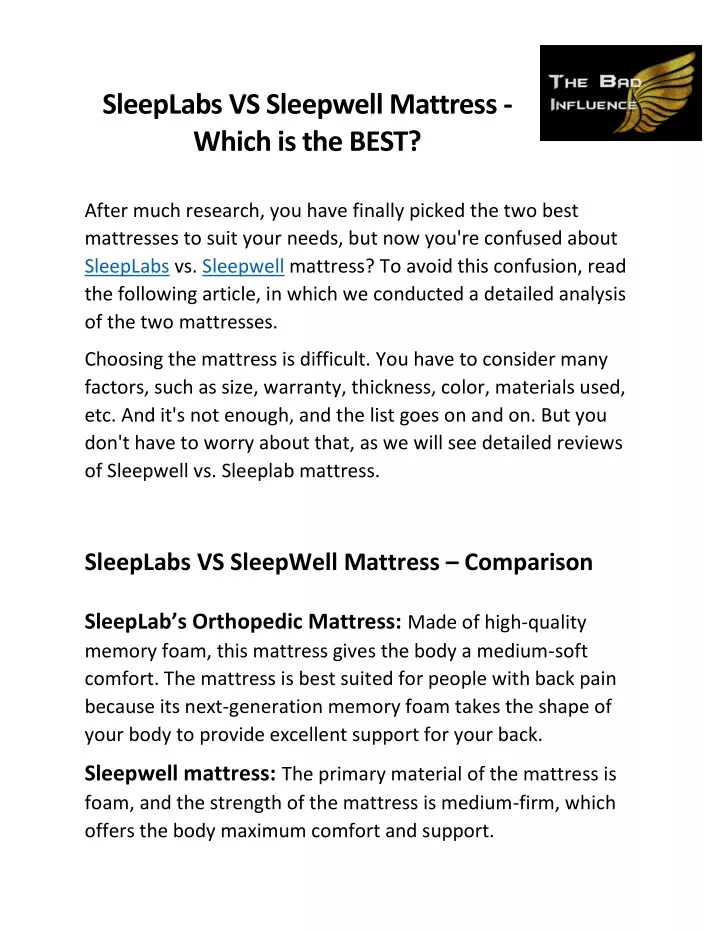 sleeplabs vs sleepwell mattress which is the best