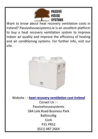 Heat Recovery Ventilation Cost Ireland  Passivehousesystems.ie