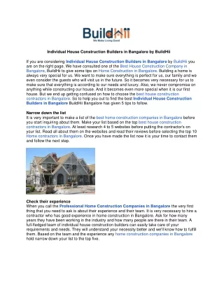 Individual House Construction Builders in Bangalore by BuildHii