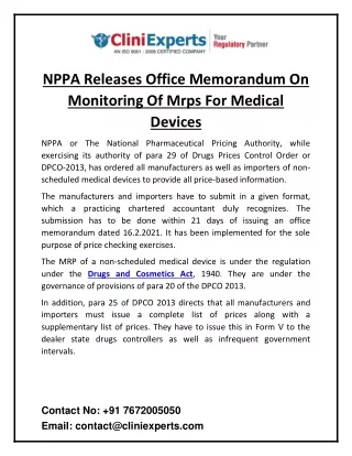 NPPA Releases Office Memorandum On Monitoring Of Mrps For Medical Devices