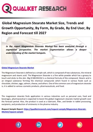 Global Magnesium Stearate Market Size, Trends and Growth Opportunity, By Form, By Grade, By End User, By Region and Fore