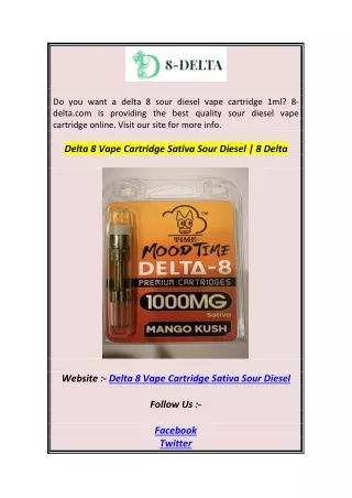 Delta 8 Vape Cartridge Sativa Sour Diesel  8 Delta