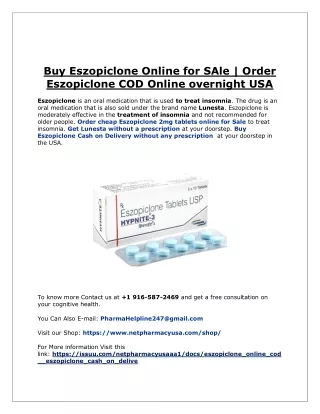 Buy Eszopiclone Online for SAle | Order Eszopiclone COD Online overnight USA