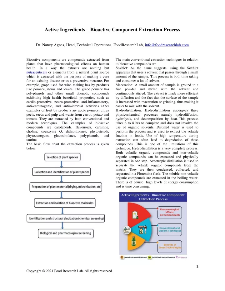 Bioactive Component Extraction Method For Active Ingredients