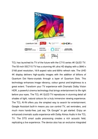 TCL 55 Inch 4K UHD QLED TV 55C715 Features and Price in India