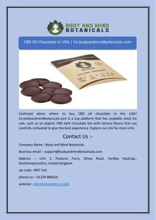 CBD Oil Chocolate in USA | Us.bodyandmindbotanicals.com
