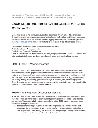 CBSE Macro- Economics Online Classes For Class 12- Vidya Setu