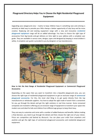 Playground Directory Helps You in Choose the Right Residential Playground Equipment