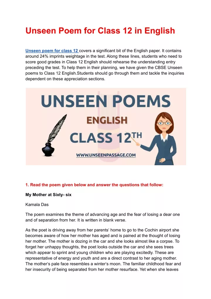 unseen poem for class 12 in english