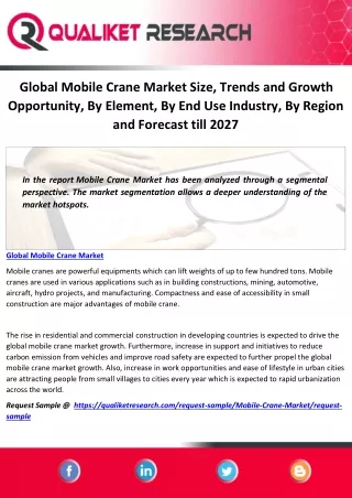 Global Mobile Crane Market Size, Trends and Growth Opportunity, By Element, By End Use Industry, By Region and Forecast