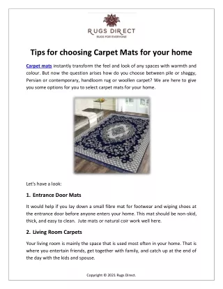 Tips for choosing Carpet Mats for your home