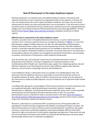Role Of Pharmacists In The Indian Healthcare System