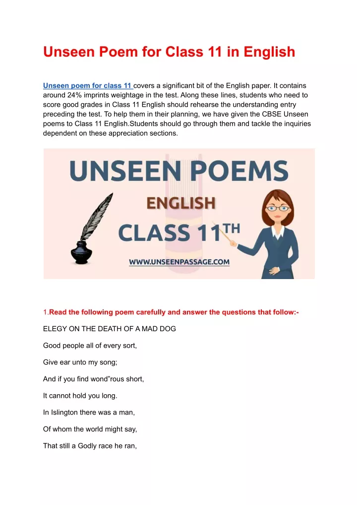 unseen poem for class 11 in english